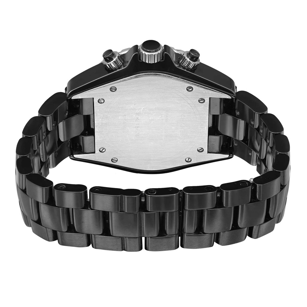 An image of a pre-owned wristwatch showing the back view with an open clasp. The watch is positioned horizontally with the back casing visible, revealing a brushed metal surface secured by small screws. The wristband has a sleek, polished black finish. The image is taken from a close distance, highlighting the clasp mechanism and the back of the watch.