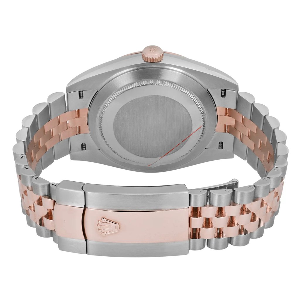 An image of a pre-owned men's Rolex Datejust 41mm wristwatch shown from the back, positioned at a slight overhead angle. The distance is close-up, highlighting the two-tone stainless steel bracelet and rose gold. The watch features a closed clasp with the Rolex logo engraved, and the case back is prominently displayed.