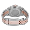 An image of a pre-owned men's Rolex Datejust 41mm wristwatch shown from the back, positioned at a slight overhead angle. The distance is close-up, highlighting the two-tone stainless steel bracelet and rose gold. The watch features a closed clasp with the Rolex logo engraved, and the case back is prominently displayed.
