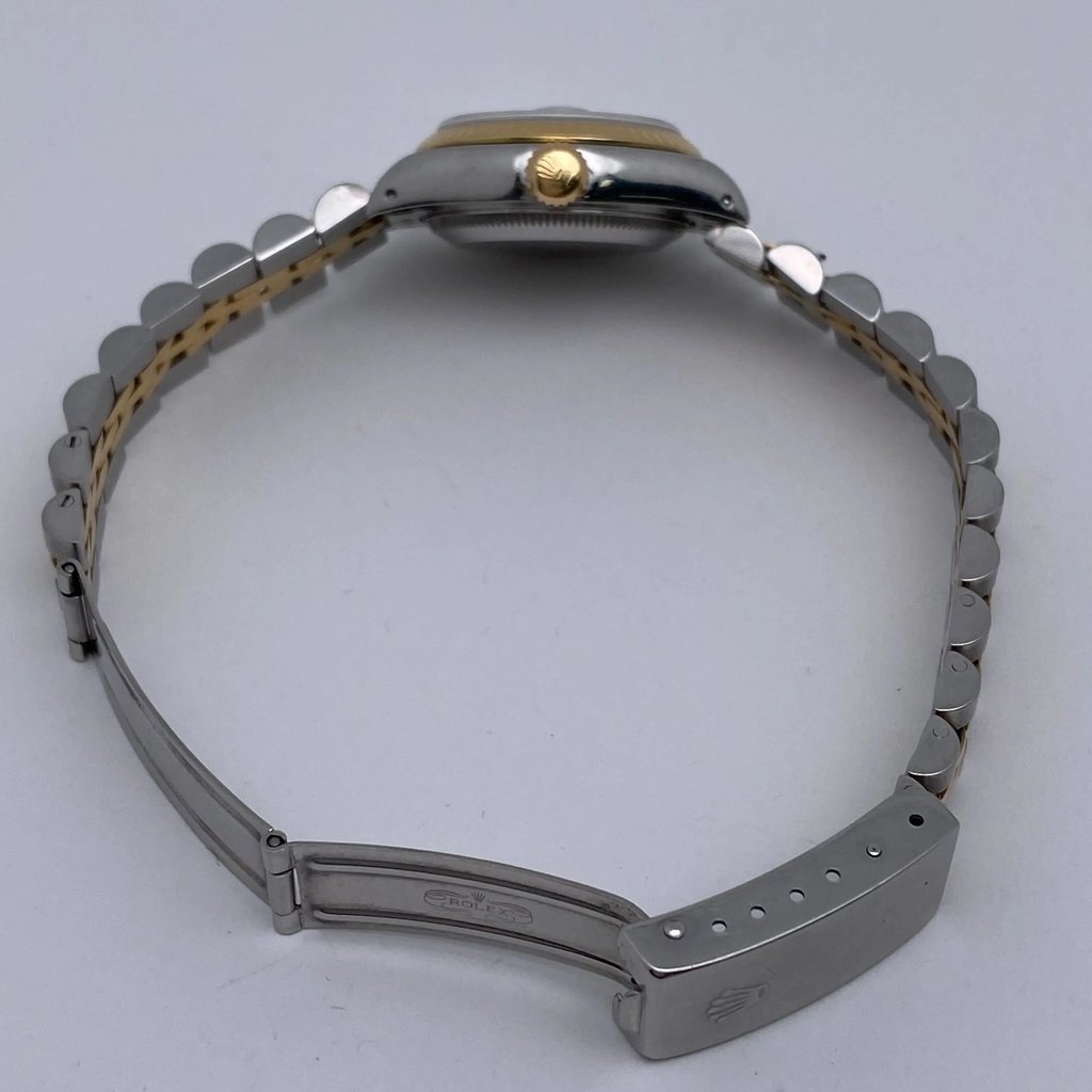 Back View Of Screwback Back Case And Open Stainless and Solid Gold Band Of Rolex 69173 Watch Pre Owned Condition