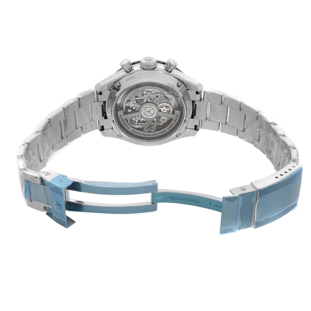 An image of an unworn wristwatch showcasing the back view with an open clasp. The watch features a stainless steel bracelet and an exhibition case back, revealing the intricate internal mechanism. The angle is slightly elevated and captures the watch from a close distance, highlighting the craftsmanship and design details.