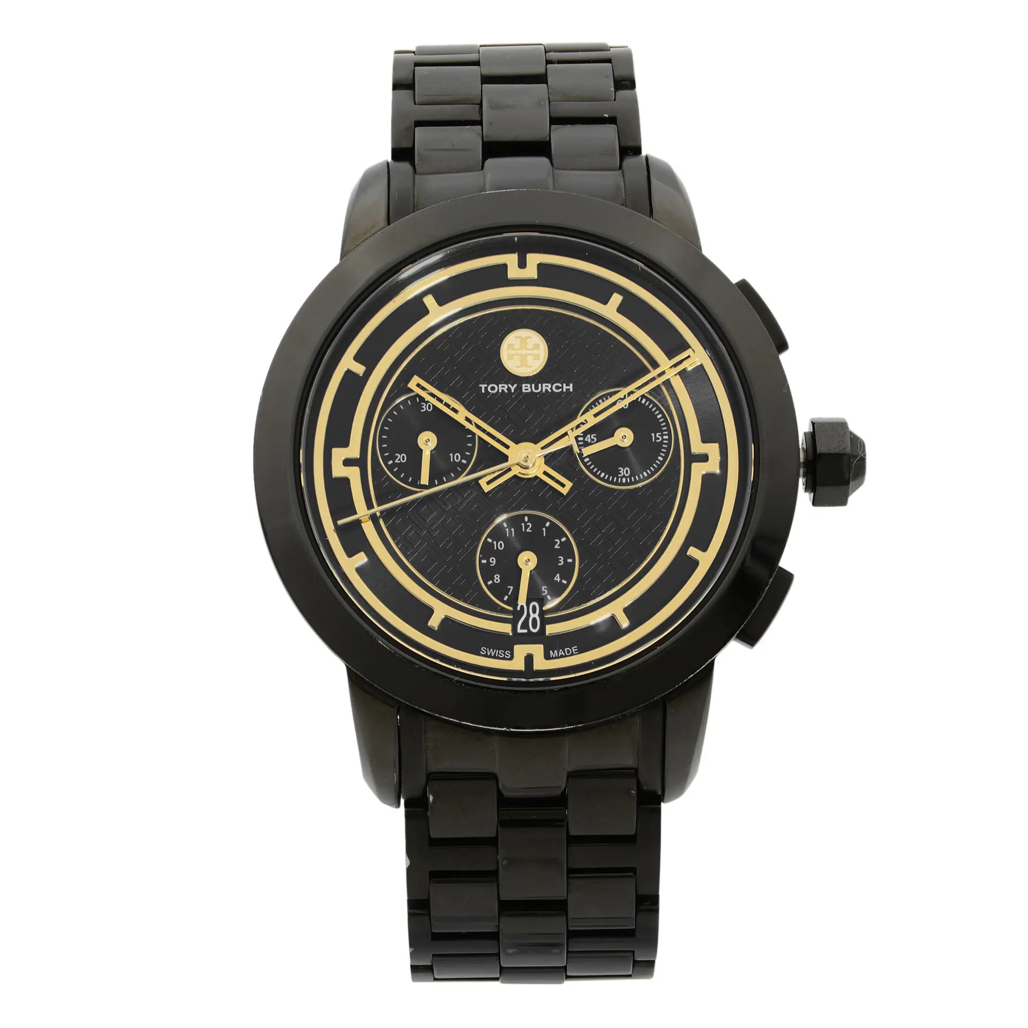 An image of a Wristwatch by Tory Burch. This Pre Owned item is designed for Women, featuring a Sport style. It has a Quartz movement and an Analog display with a Black dial color. The indices include Non-Numeric Hour Marks,Sticks. The band is made of Stainless Steel and the case is made of Stainless Steel. The watch has a Round shape with a case size of 37 mm and a case thickness of 10 mm.