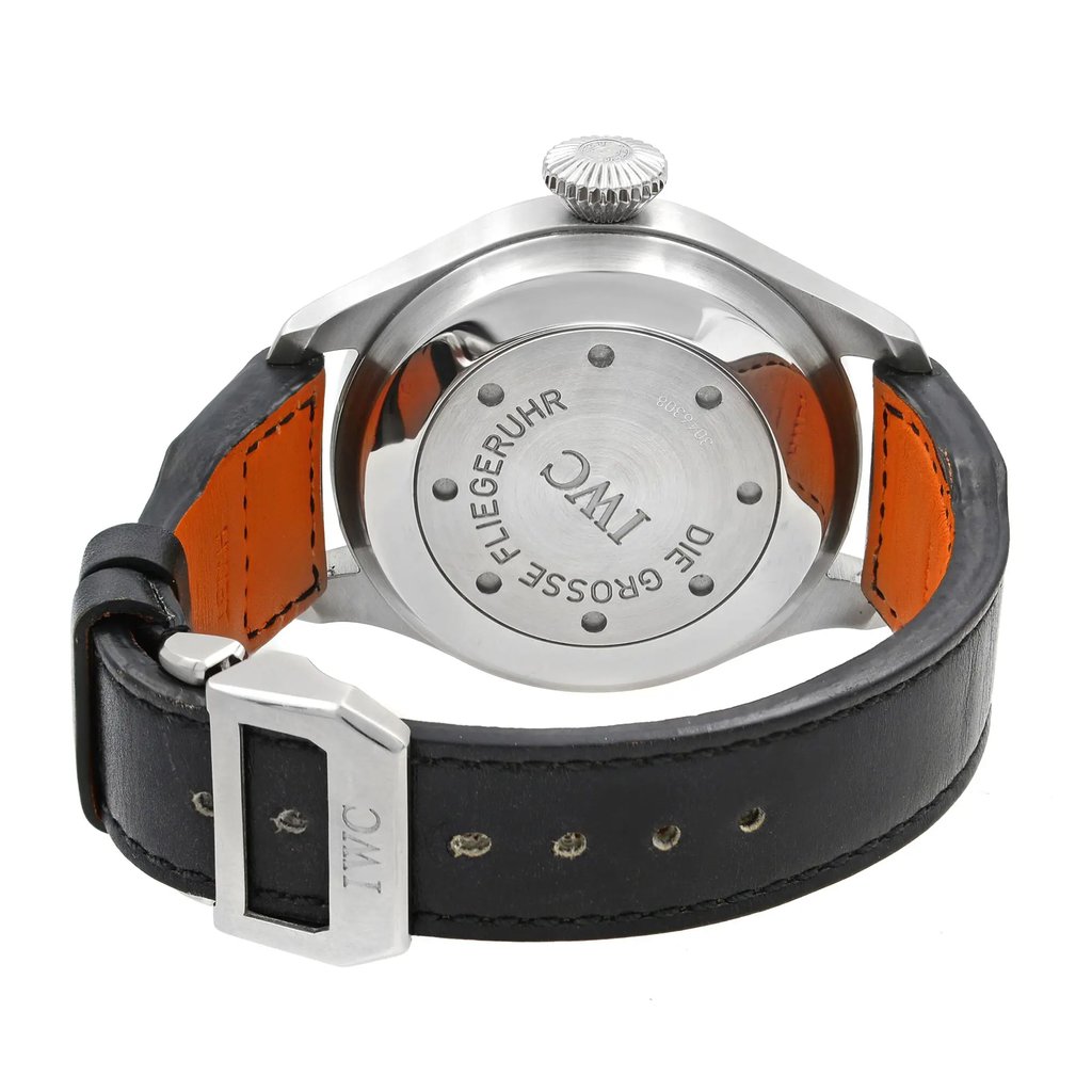 Back View Of {Caseback} Back Case And Closed Leather Band Of IWC IW500201 Watch Pre Owned Condition