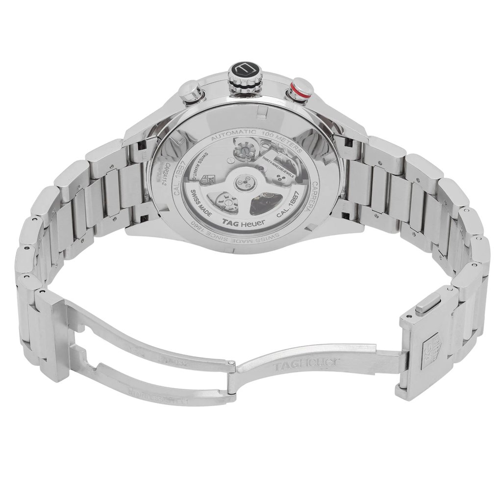 Back View Of Exhibition Back Case And Open Stainless Steel Band Of TAG Heuer CAR2A11.BA0799 Watch Pre Owned Condition