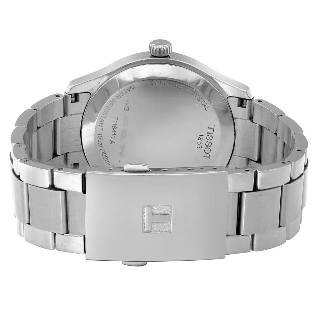 Back View Of Snap Back Case And Closed Stainless Steel Band Of Tissot T116.410.11.047.00 Watch Pre Owned Condition