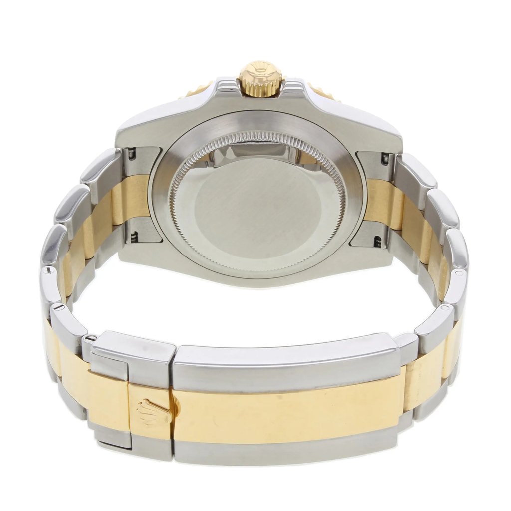 Back View Of {Caseback} Back Case And Closed Stainless and Solid Gold Band Of Rolex 116613 Watch Pre Owned Condition