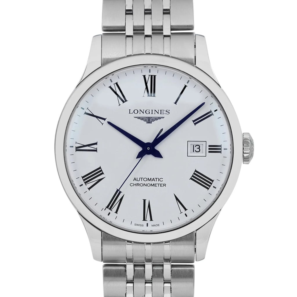 Up Close Front Facing Picture Of Longines L2.821.4.11.6 Stainless Steel Watch Display Model Condition