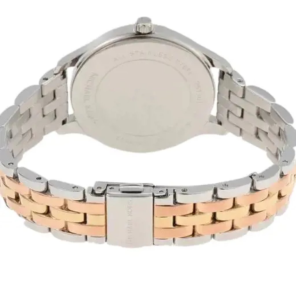 Back View Of Solid Back Case And Closed Stainless Steel Band Of Michael Kors MK6642 Watch Display Model Condition