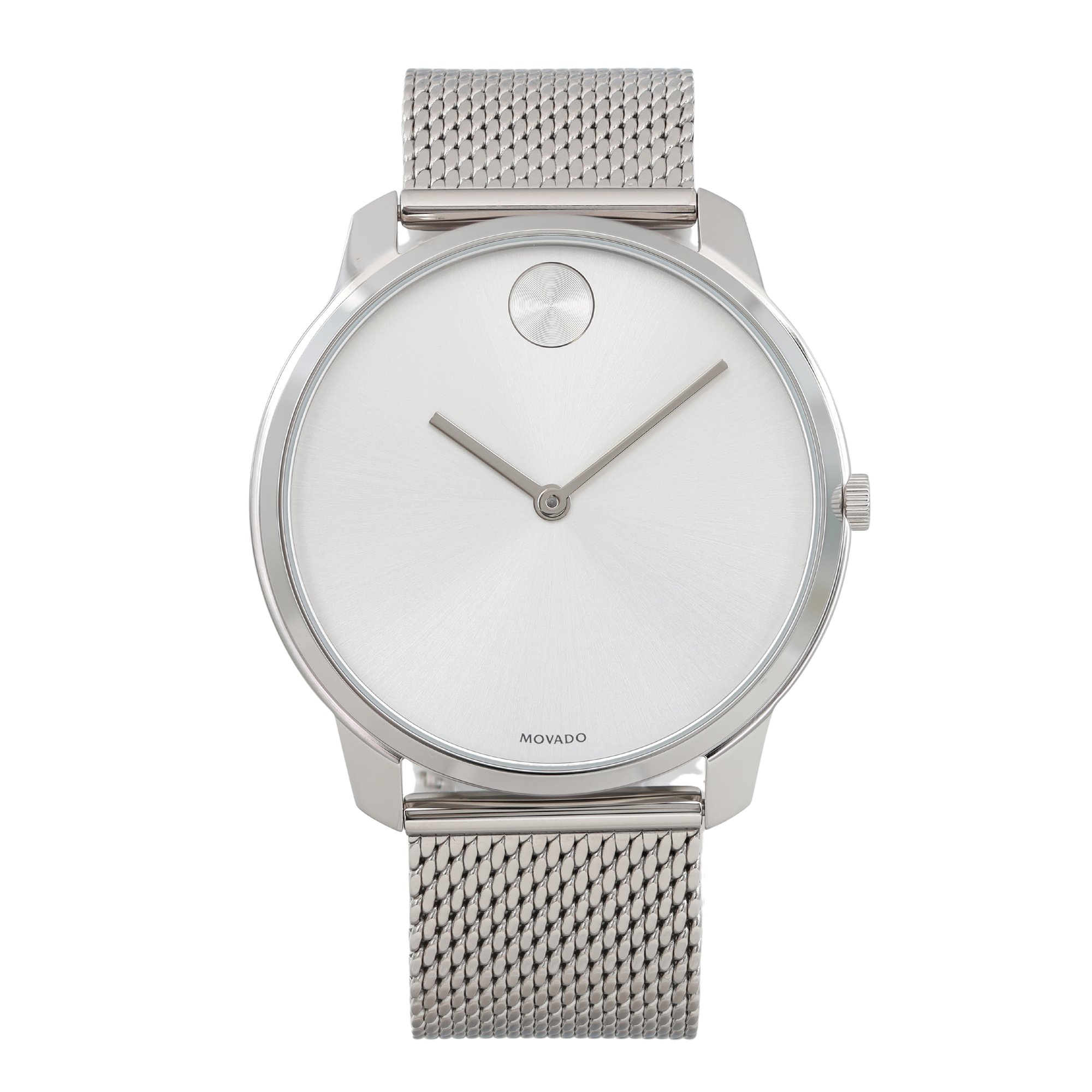 An image of a wristwatch shown in a front full frontal view. The watch is unworn and features a minimalist design with a silver mesh band. The dial is sleek and uncluttered, with two simple hands and a small circular detail near the top. The casing and band are metallic, giving it a modern and elegant appearance.