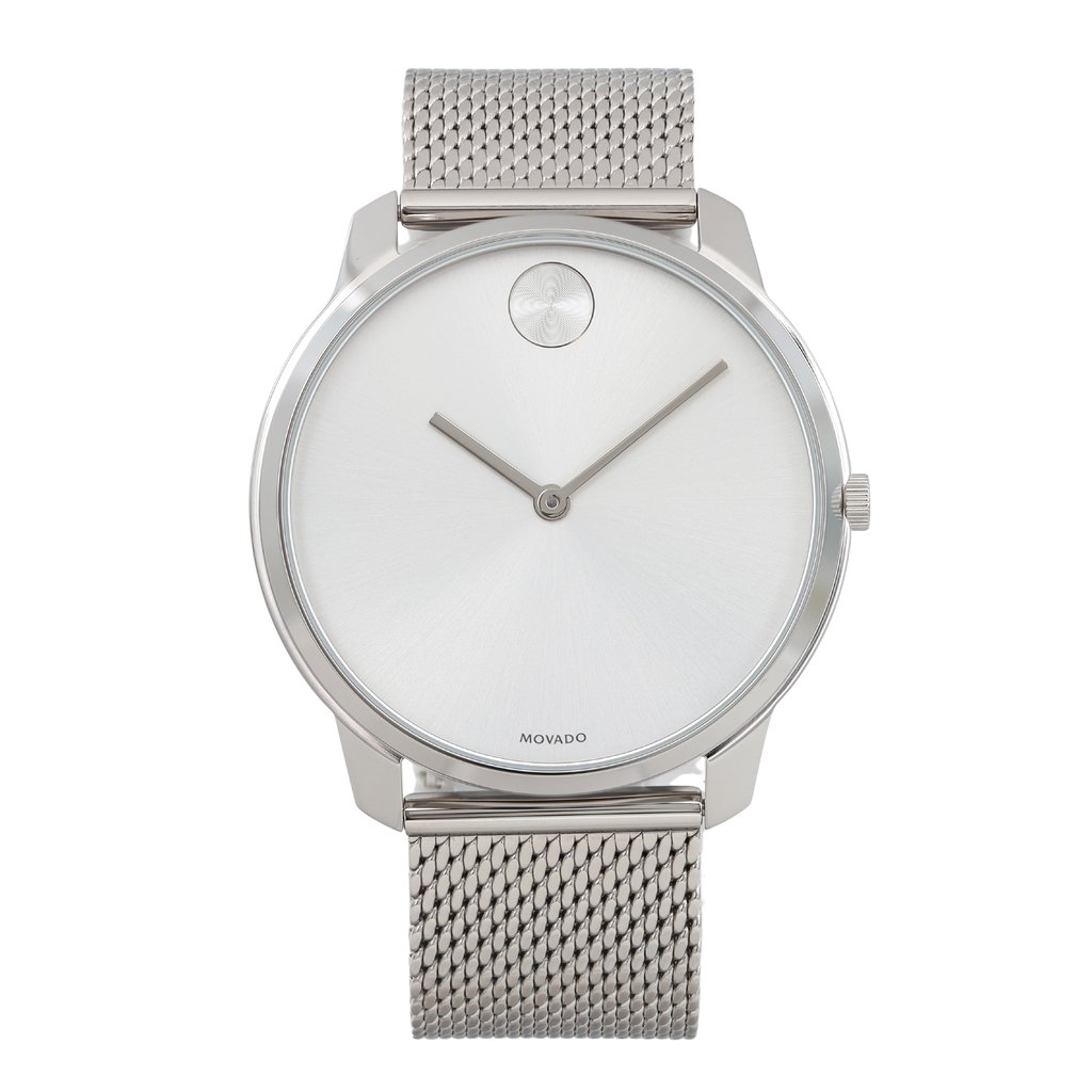 An image of a wristwatch shown in a front full frontal view. The watch is unworn and features a minimalist design with a silver mesh band. The dial is sleek and uncluttered, with two simple hands and a small circular detail near the top. The casing and band are metallic, giving it a modern and elegant appearance.