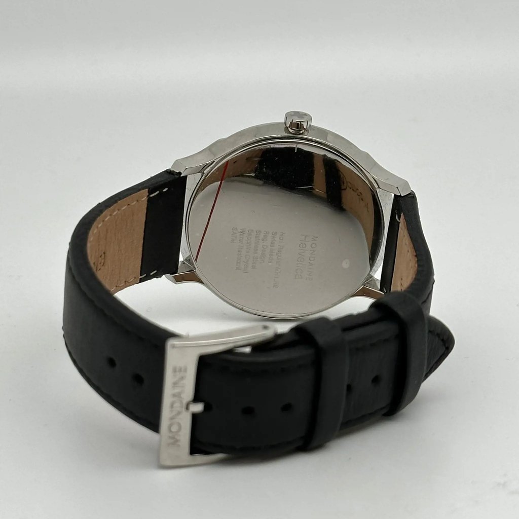 Back View Of Snap Back Case And Closed Leather Band Of Mondaine MH1.R2210.LB Watch Display Model Condition