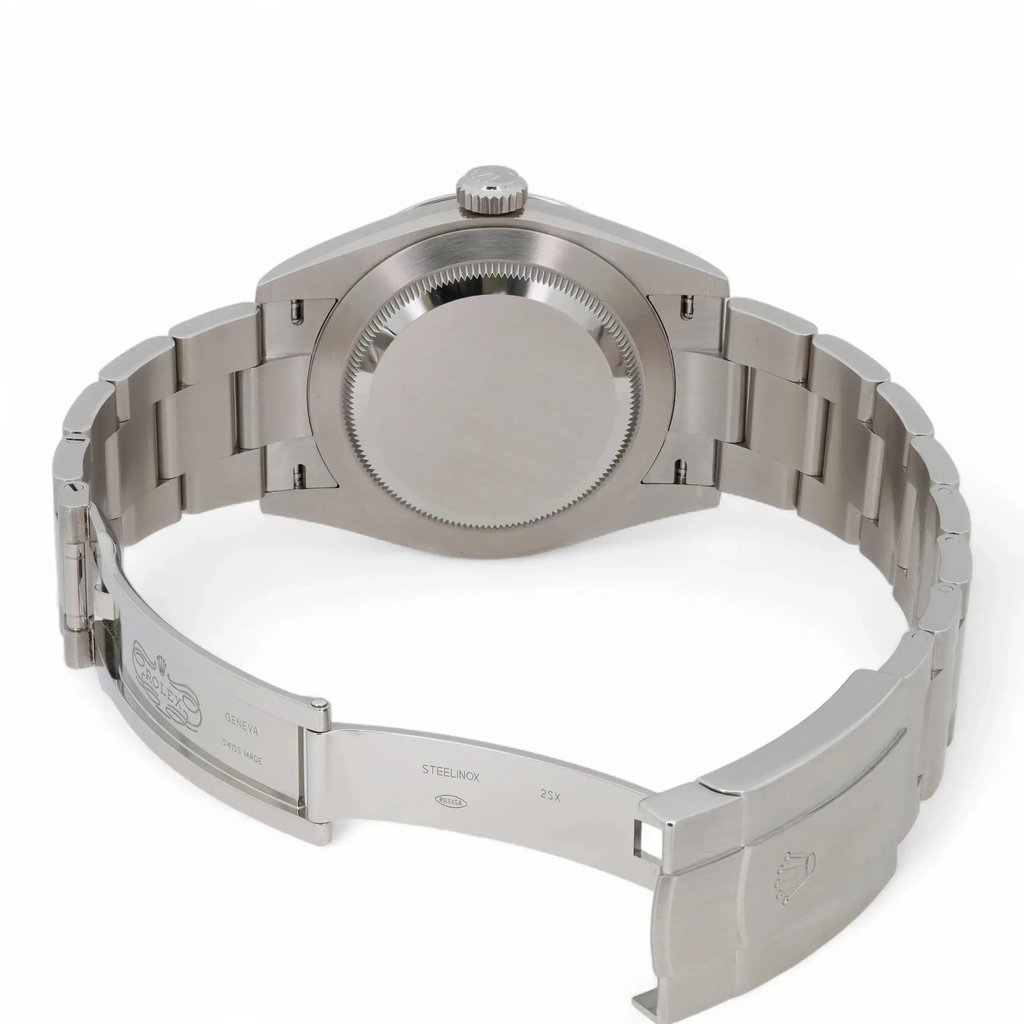 Back View Of Solid Back Case And Open Stainless Steel Band Of Rolex 134300 Watch Unworn Condition