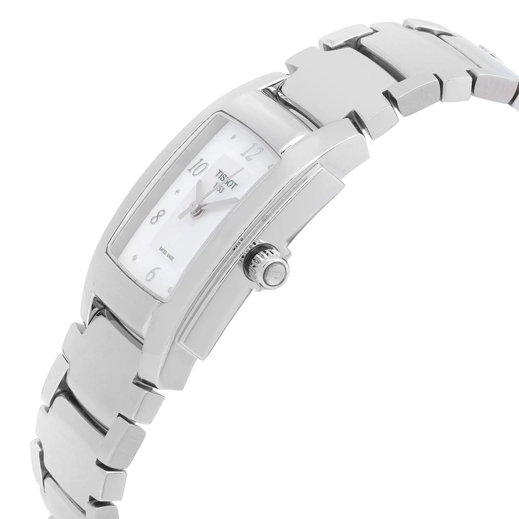 An image of a rectangular stainless steel wristwatch with a Mother Of Pearl dial. The watch is depicted at a 45-degree angle, with the crown visible on the right side and the stainless steel bracelet curving away from the camera, giving a three-dimensional perspective. The focus is on the watch face and upper part of the bracelet, providing a clear view of the timepiece from a close distance. Display model in excellent condition. 