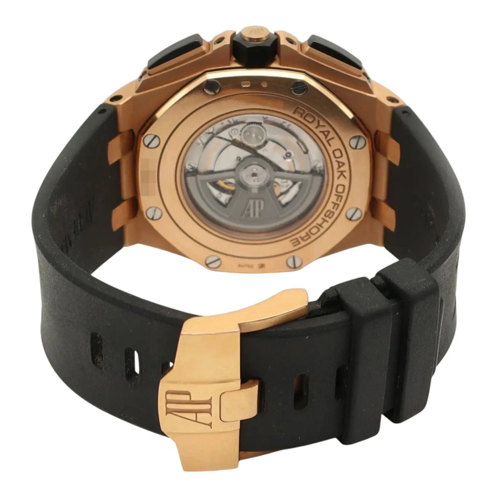 Back View Of Exhibition Back Case And Closed Rubber Band Of Audemars Piguet 26401RO.OO.A002CA.02 Watch Pre Owned Condition
