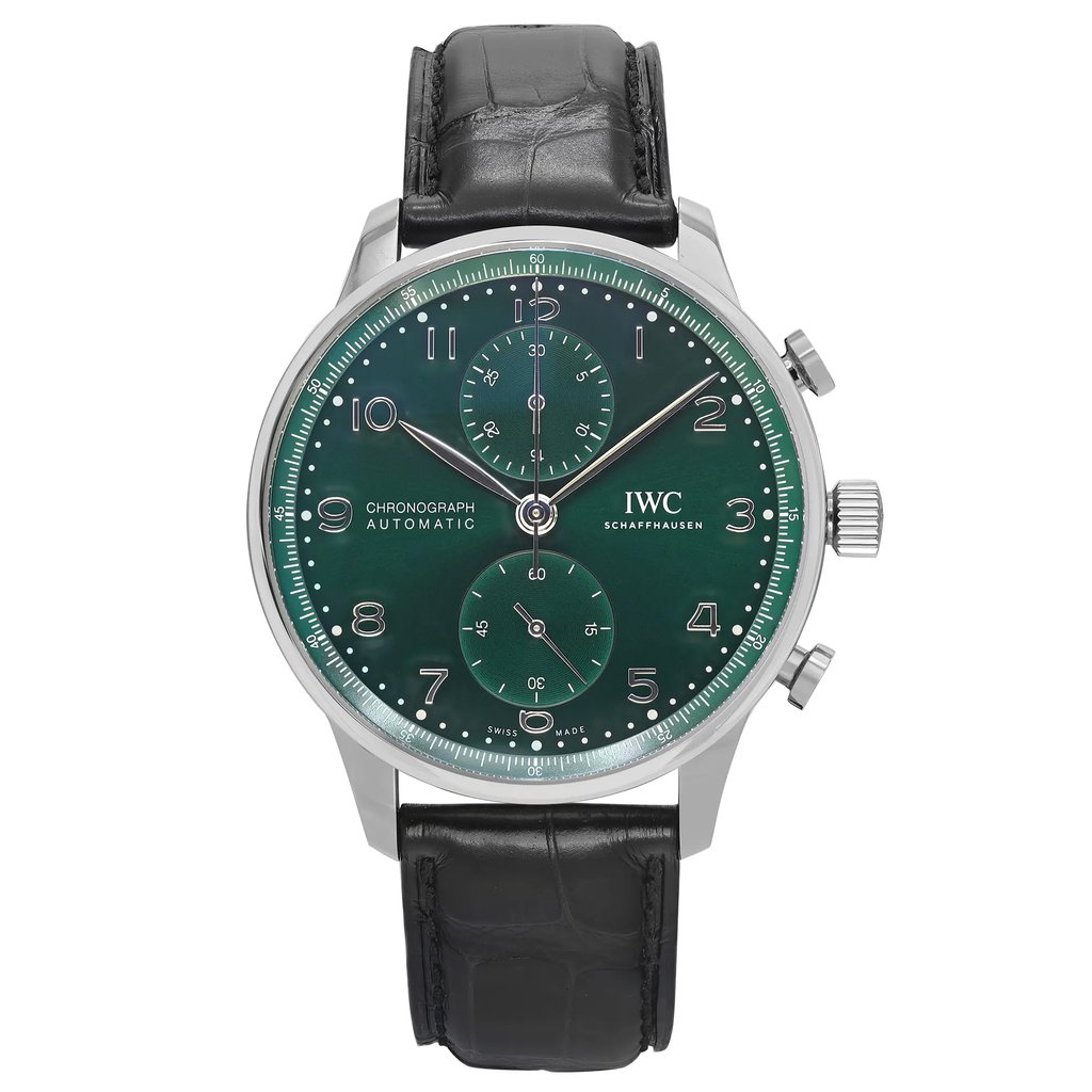 An image of an unworn IWC luxury men's wristwatch in a full frontal view. The watch features a round stainless steel case with a green dial, stainless steel bezel, and black leather band. It has a 12-hour dial with Arabic numerals, three sub-dials for the chronograph and seconds function, and is marked with the IWC Schaffhausen logo. The watch is positioned centrally against a white background.