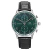 An image of an unworn IWC luxury men's wristwatch in a full frontal view. The watch features a round stainless steel case with a green dial, stainless steel bezel, and black leather band. It has a 12-hour dial with Arabic numerals, three sub-dials for the chronograph and seconds function, and is marked with the IWC Schaffhausen logo. The watch is positioned centrally against a white background.