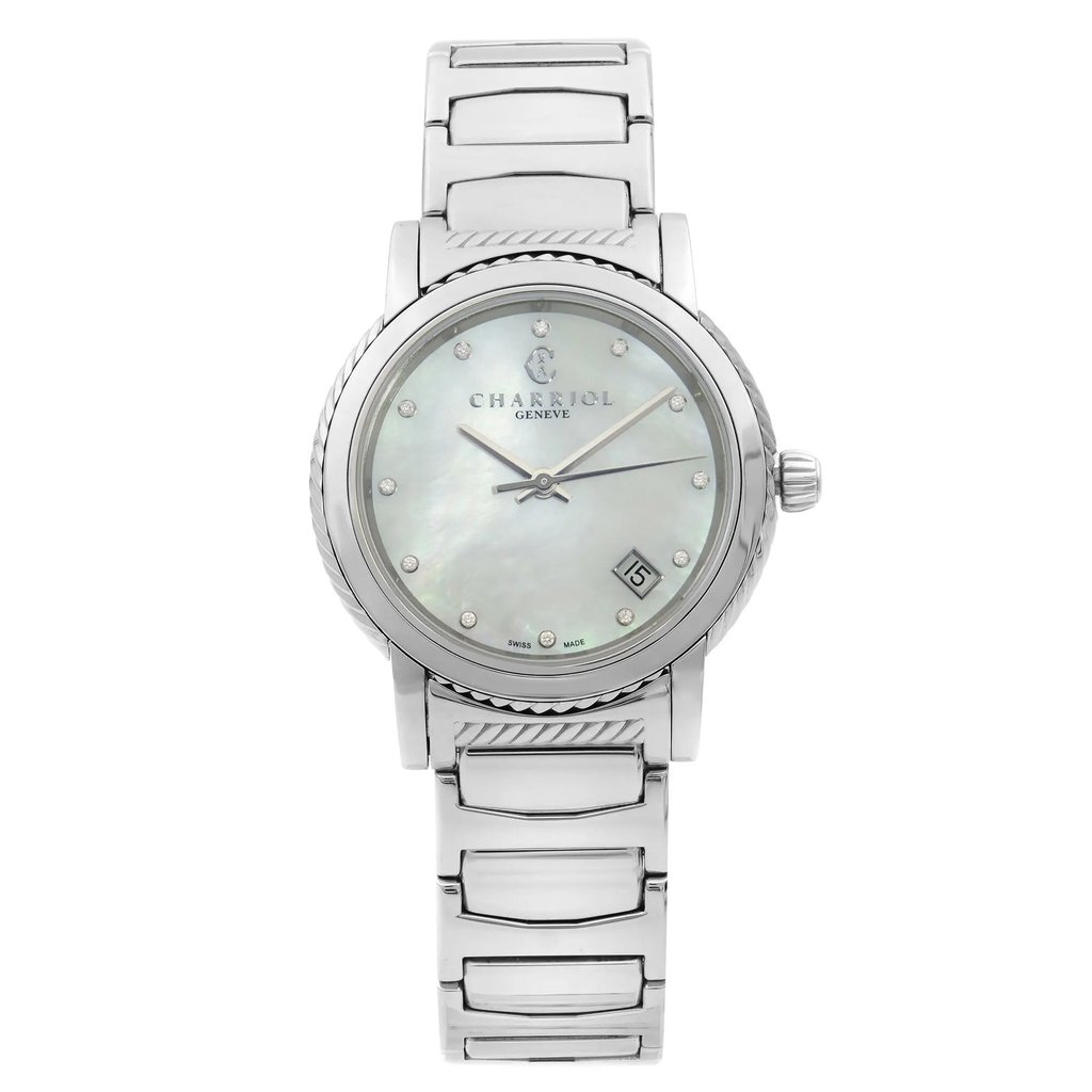 An image of a Wristwatch by Charriol. This Display Model item is designed for Women, featuring a Dress/Formal style. It has a Quartz movement and an Analog display with a White dial color. The indices include 12-Hour Dial,Diamond Markers. The band is made of Stainless Steel and the case is made of Stainless Steel. The watch has a Round shape with a case size of 33 mm and a case thickness of 7 mm.