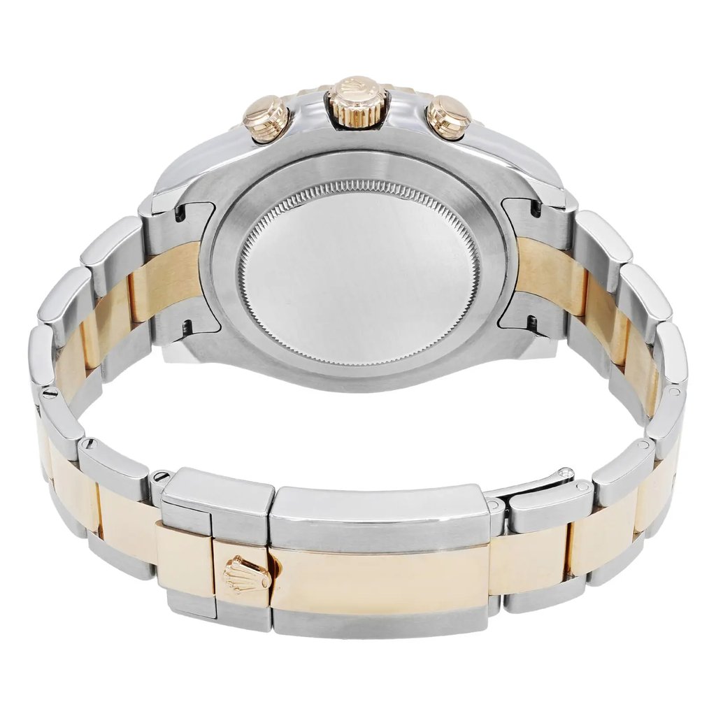 An image of a pre-owned wristwatch viewed from the back, showcasing the clasp in a closed position. The angle is slightly elevated, providing a clear view of the stainless steel and gold-toned bracelet. The watch's case and crown are visible, highlighting the intricate details. The photograph is taken from a close distance, emphasizing the watch's polished finish and craftsmanship.