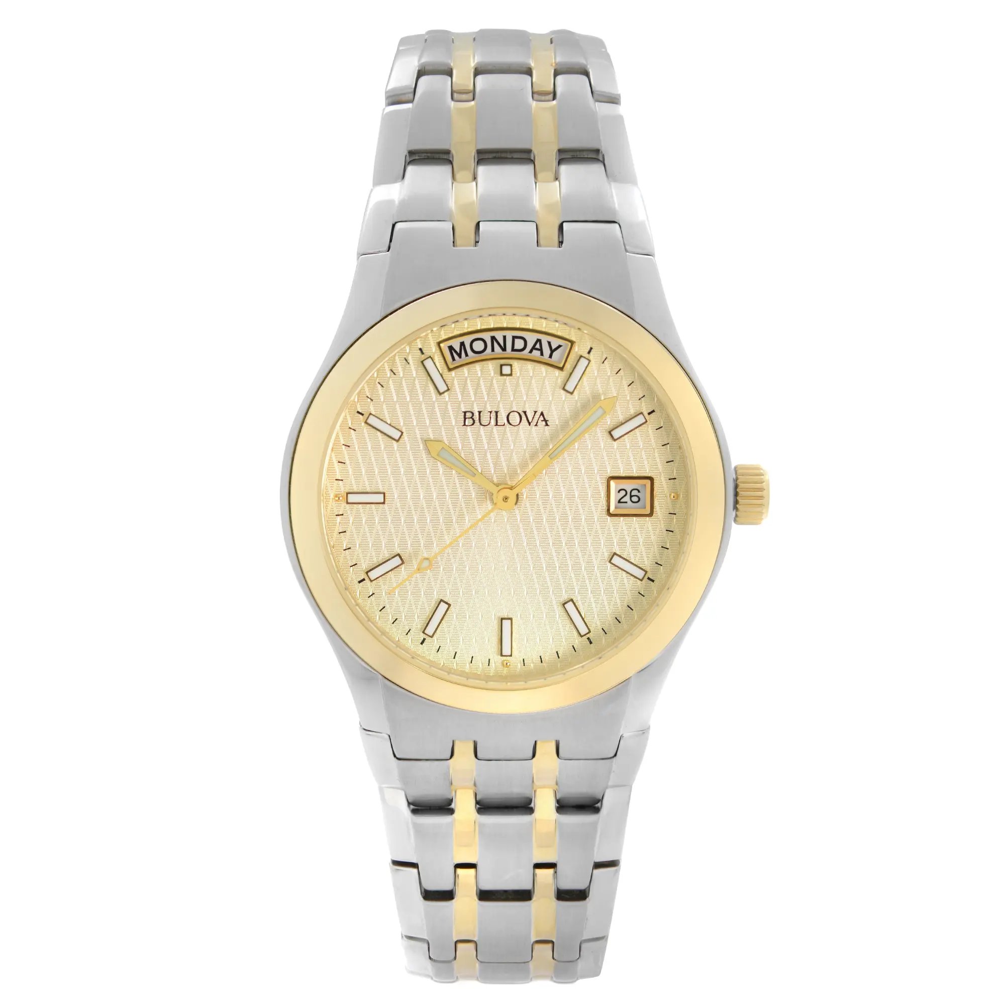 An image of a pre-owned Bulova wristwatch for men, displayed in a frontal view with a slight angle to the right side, occupying the center of the frame. The watch features a two-tone link bracelet with silver and gold colors, a round gold-tone case, and a textured gold dial. The dial showcases the Bulova logo, luminous hands, a day display at the top stating "MONDAY," and a date window at the 3 o'clock position. The watch appears in close-up, allowing for detailed viewing of its features.