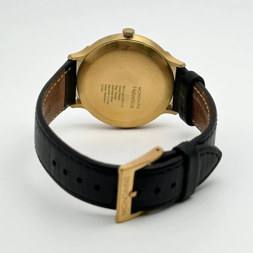 Back View Of Snap Back Case And Closed Leather Band Of Mondaine MH1.L2211.LB Watch Pre Owned Condition