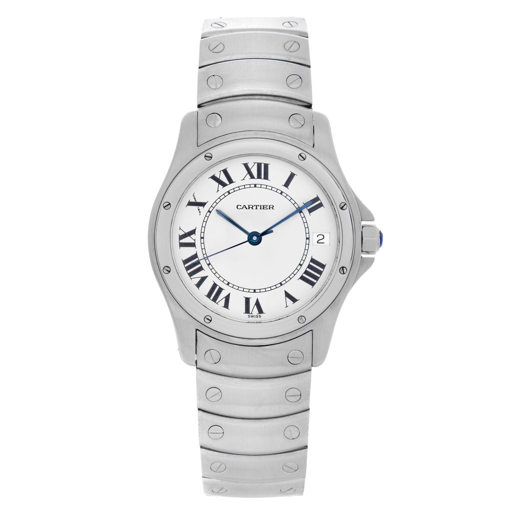 Front Full View Of Cartier 1920-1 Stainless Steel Watch Pre Owned Condition {Product Condition}