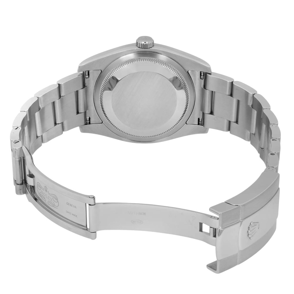 Back View Of Solid Back Case And Open Stainless Steel Band Of Rolex 116234 Watch Pre Owned Condition