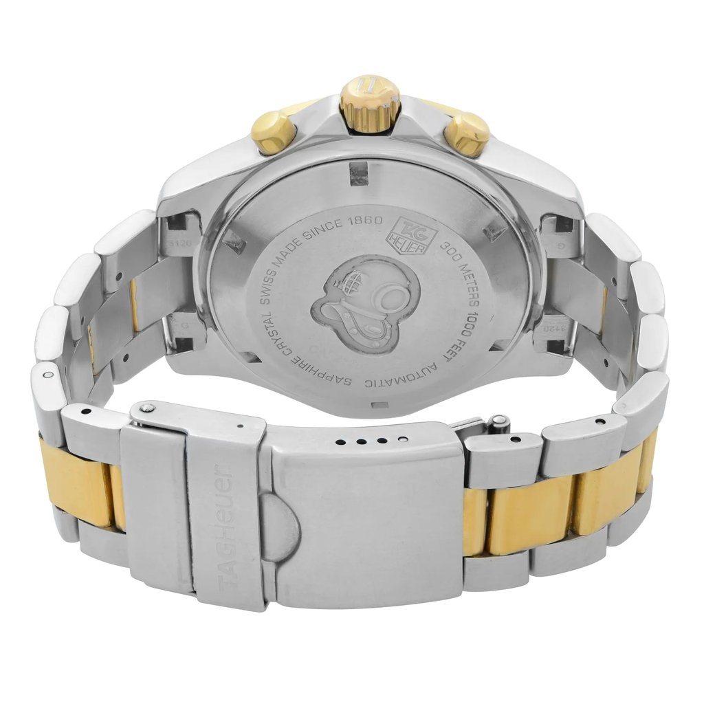 Back View Of Solid Back Case And Closed Stainless Steel Band Of TAG Heuer CAF2120.BB0816 Watch Pre Owned Condition