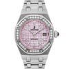 An image of a pre-owned Audemars Piguet.Lady Royal Oak 33mm women's wristwatch, centered and viewed from a straight-on angle at a close distance. The watch features a pink patterned dial and a diamond-studded bezel. The steel metal bracelet and case are also visible, with the crown on the right side. The watch displays the brand name and the date on the right side of the dial.