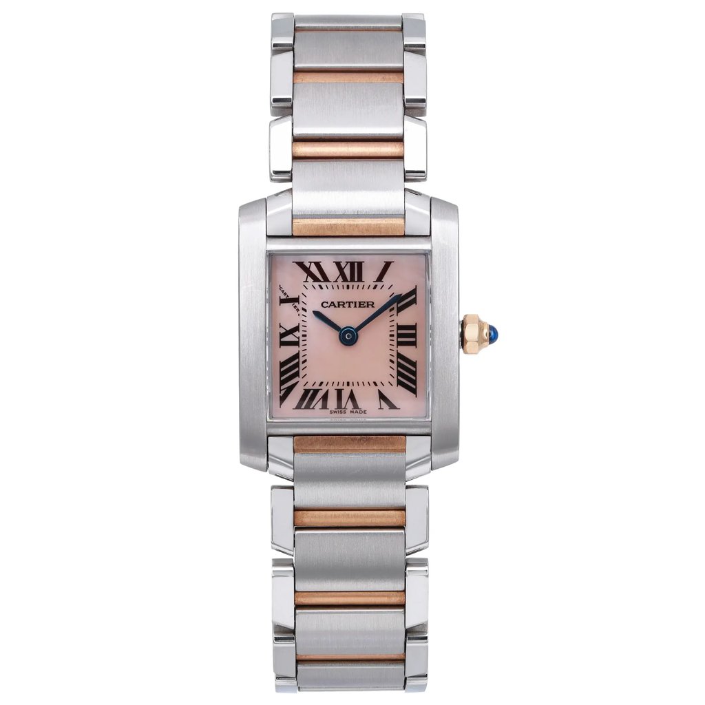 An image of a pre-owned Cartier women's wristwatch in good condition, presented in a full frontal view. The watch features a luxurious style with a mother of pearl dial displaying Roman numerals and 12-hour indices. It has a rectangle-shaped case made of stainless steel with a steel bezel. The band is composed of rose gold and stainless steel. The watch is positioned centrally against a white background. The image is taken from a close distance for a detailed view, ensuring the textures and colors are visible.