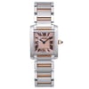 An image of a pre-owned Cartier women's wristwatch in good condition, presented in a full frontal view. The watch features a luxurious style with a mother of pearl dial displaying Roman numerals and 12-hour indices. It has a rectangle-shaped case made of stainless steel with a steel bezel. The band is composed of rose gold and stainless steel. The watch is positioned centrally against a white background. The image is taken from a close distance for a detailed view, ensuring the textures and colors are visible.