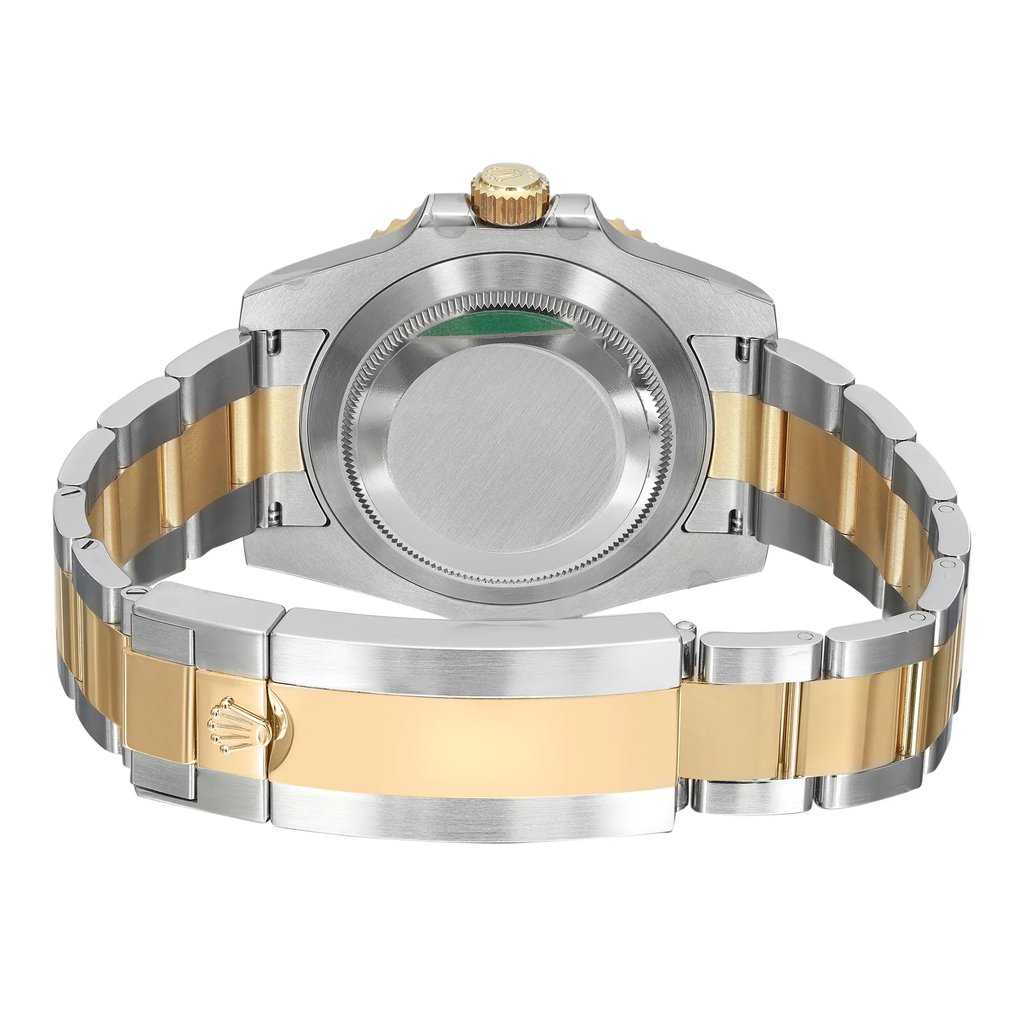 Back View Of Solid Back Case And Closed Stainless Steel,Gold Band Of Rolex 116613LN Watch Unworn Condition