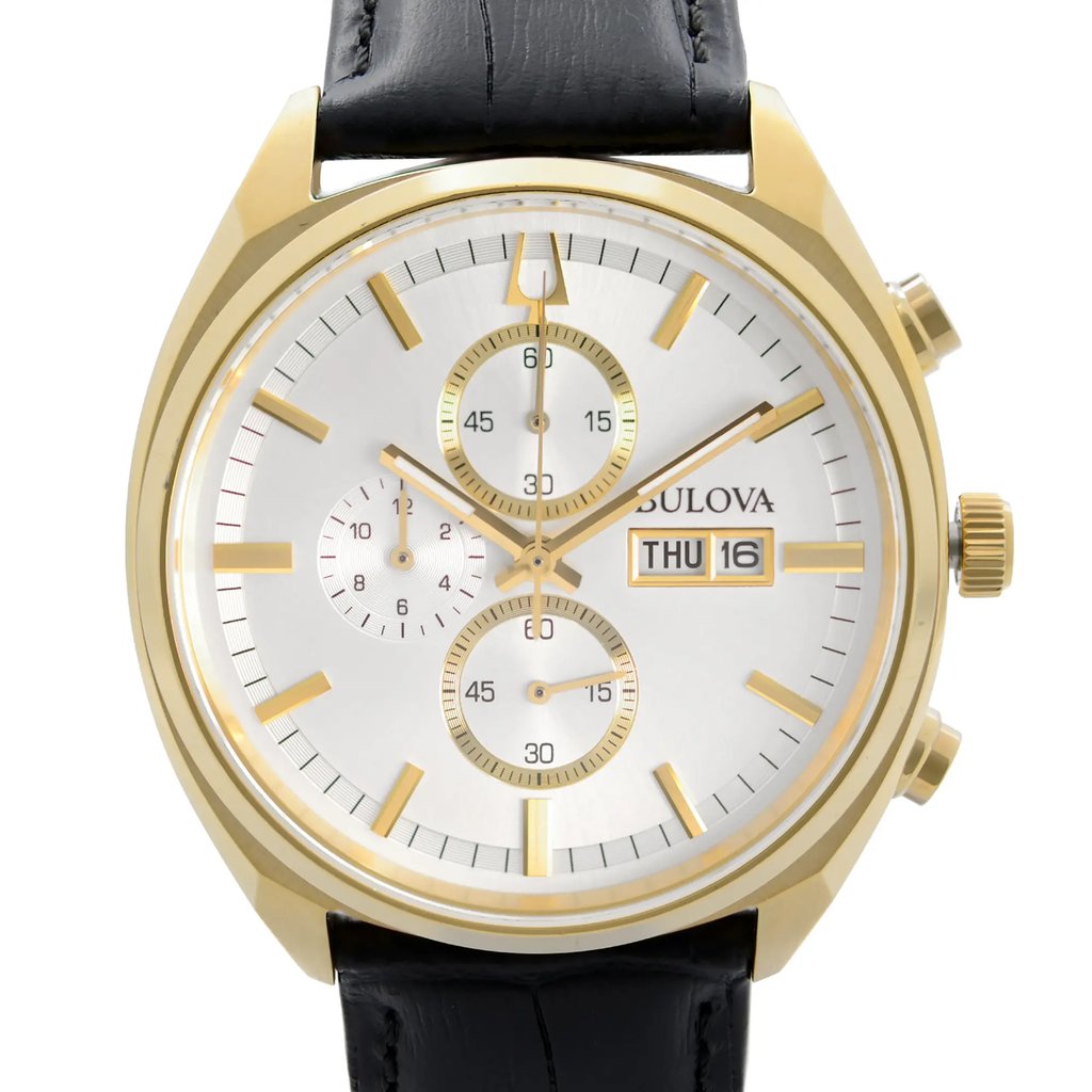 Up Close Front Facing Picture Of Bulova 97C108 Stainless Steel Watch Pre Owned Condition