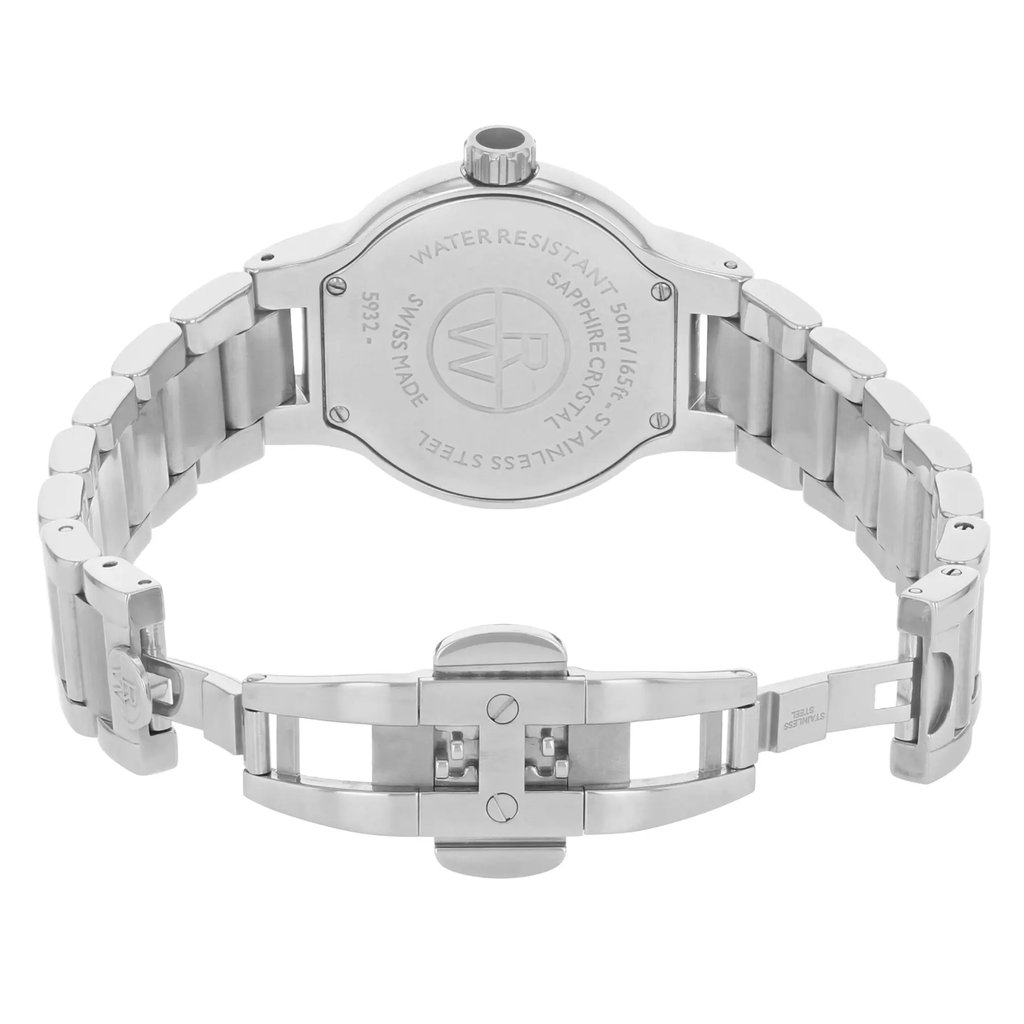 Back View Of Screwback Back Case And Open Stainless Steel Band Of RAYMOND WEIL 5932-ST-00995 Watch Pre Owned Condition