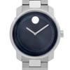 An image of a wristwatch captured from a front close-up angle, focusing on the watch face. The watch has a sleek, minimalist design with a dark dial and two simple hands. The case and bracelet are made of a shiny metal, and the crown is visible on the right side. The image highlights the watch as a display model.