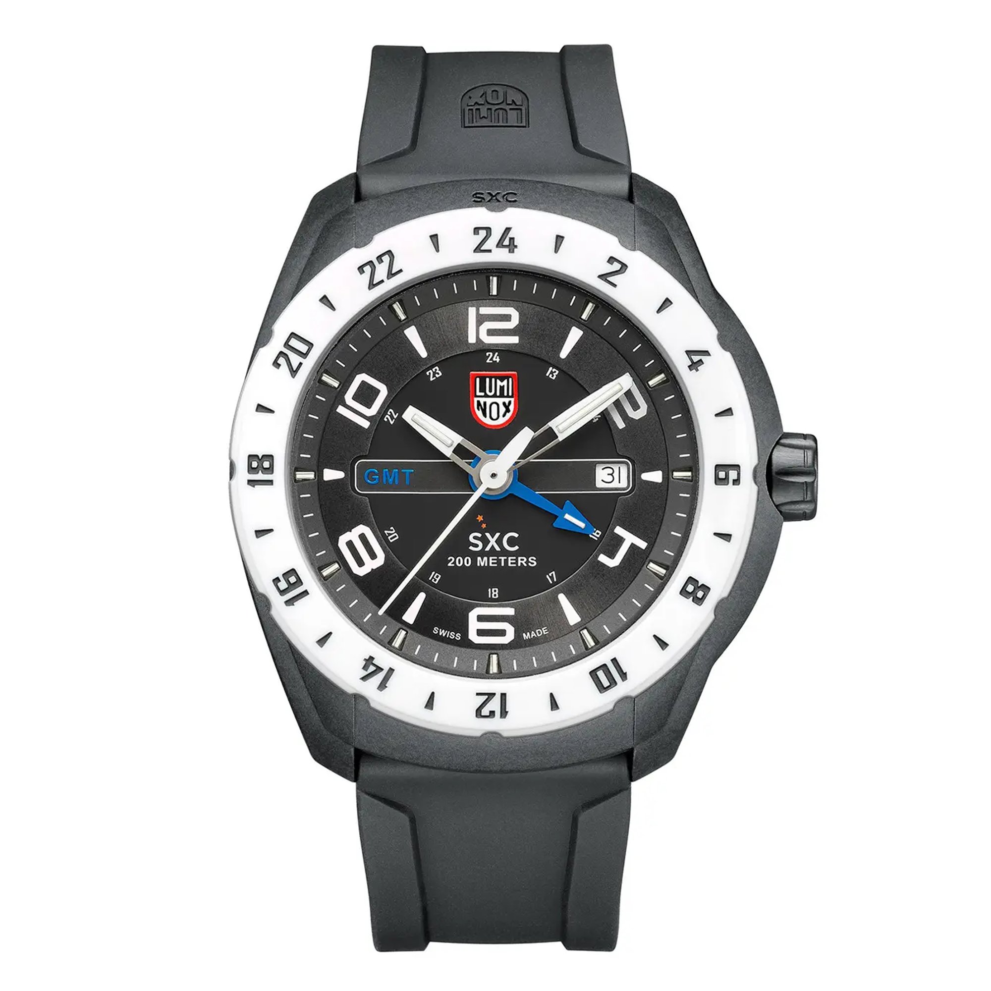 An image of a Wristwatch by Luminox. This New With Defects item is designed for Men, featuring a Pilot/Aviator style. It has a Quartz movement and an Analog display with a Black dial color. The indices include 12-Hour Dial,Arabic Numerals,Stick Indexes. The band is made of Rubber and the case is made of Carbon. The watch has a Round shape with a case size of 46 mm and a case thickness of 16 mm.