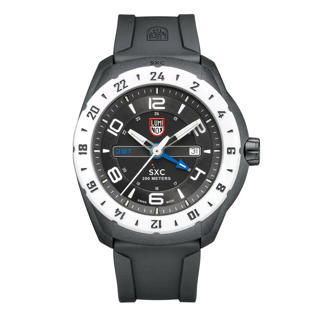 An image of a Wristwatch by Luminox. This New With Defects item is designed for Men, featuring a Pilot/Aviator style. It has a Quartz movement and an Analog display with a Black dial color. The indices include 12-Hour Dial,Arabic Numerals,Stick Indexes. The band is made of Rubber and the case is made of Carbon. The watch has a Round shape with a case size of 46 mm and a case thickness of 16 mm.