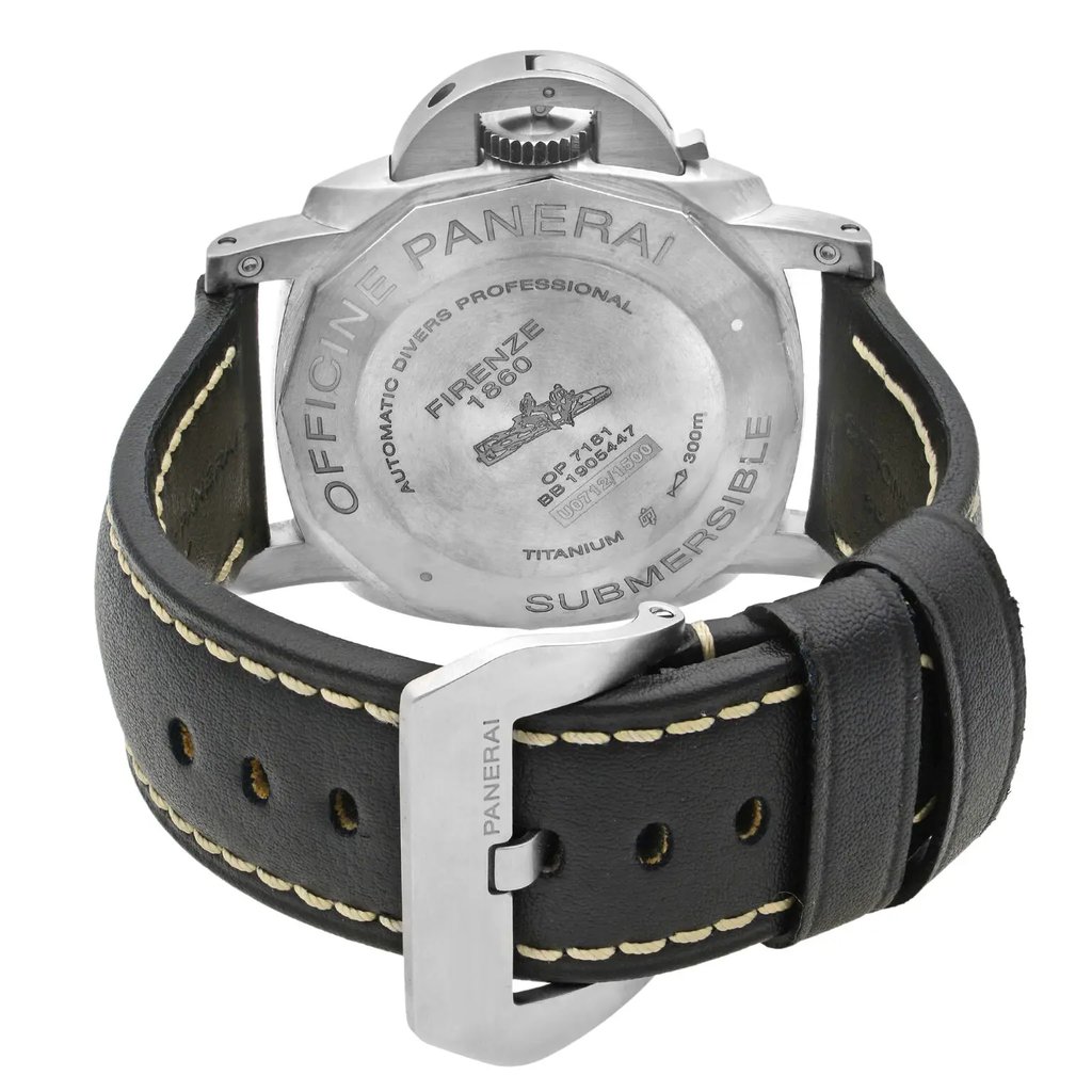 Back View Of {Caseback} Back Case And Closed Leather Band Of Panerai PAM01305 Watch Pre Owned Condition