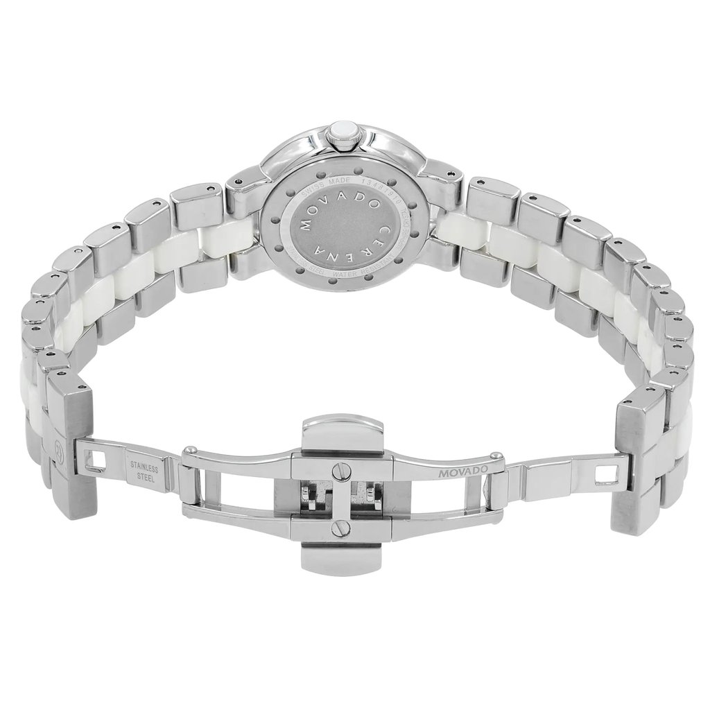 Back View Of Screwback Back Case And Open Ceramic,Stainless Steel Band Of Movado 606930 Watch Display Model Condition