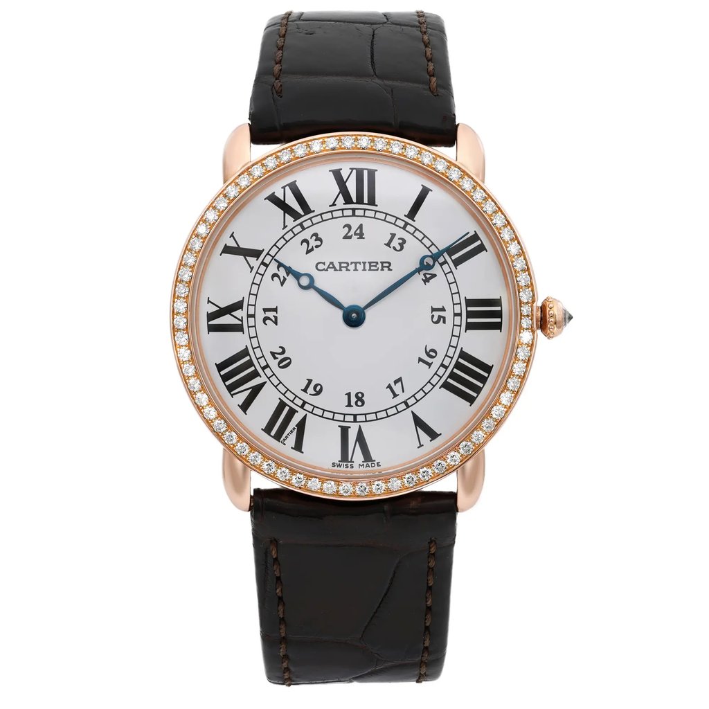An image of a pre-owned wristwatch shown from a full frontal view. The watch features a round, white dial with large Roman numerals and a smaller 24-hour inner ring. The bezel is adorned with sparkling stones, and the watch is fitted with a black leather strap. The brand is visible on the dial.