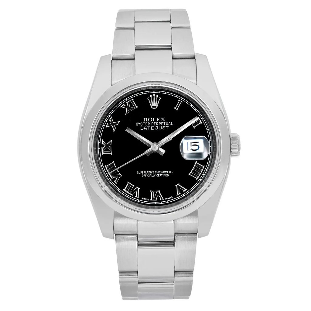 An image of a pre-owned wristwatch shown from a full frontal view. The watch features a metallic band and a black dial with Roman numerals. The date is displayed on the right side of the watch face. The image is taken up close, highlighting the details of the watch's design.