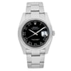 An image of a pre-owned wristwatch shown from a full frontal view. The watch features a metallic band and a black dial with Roman numerals. The date is displayed on the right side of the watch face. The image is taken up close, highlighting the details of the watch's design.