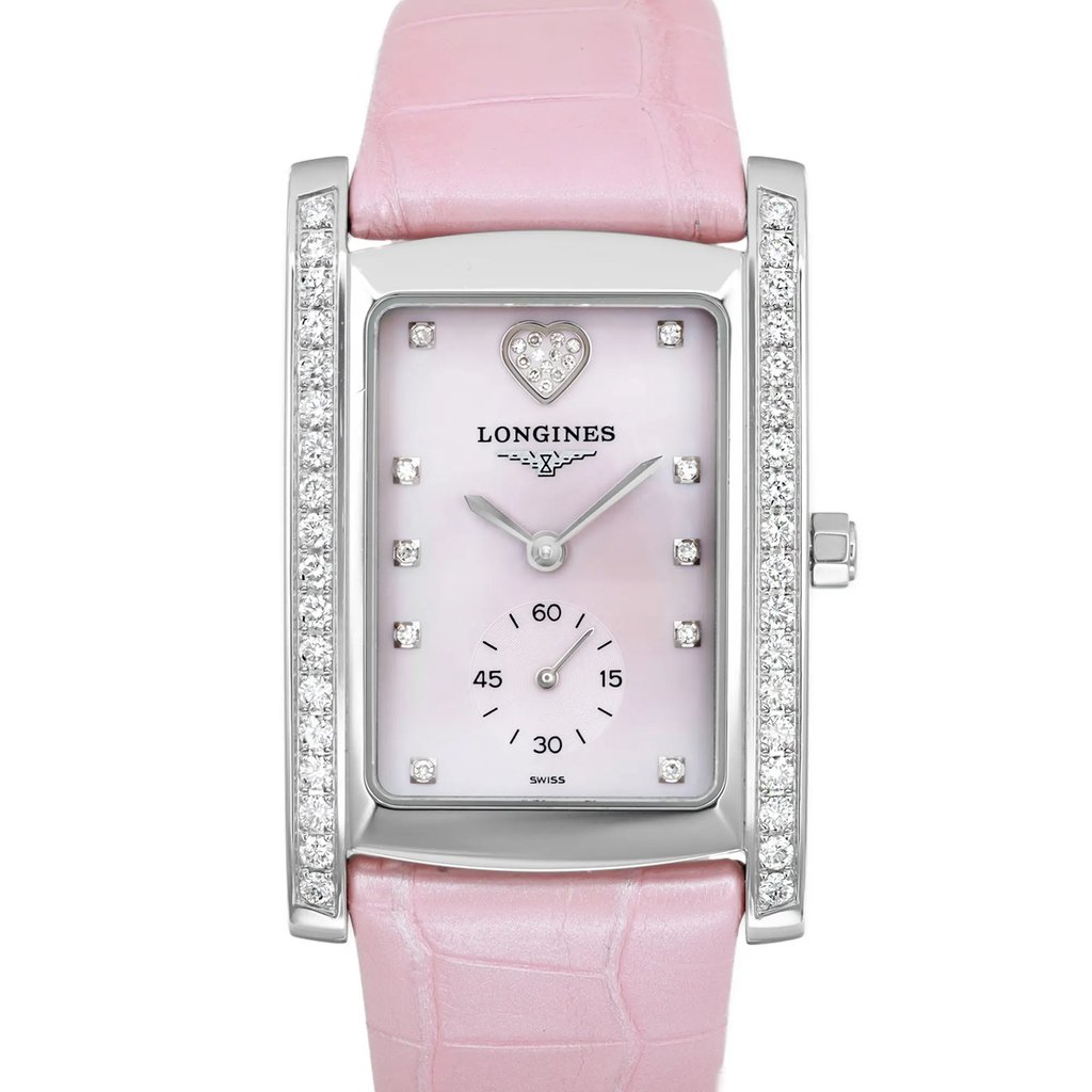 An image of a wristwatch taken from a front close-up angle, showcasing the watch face. The watch has a rectangular shape with a pink dial and a pink leather strap. It features diamond hour markers and a smaller sub-dial for seconds. The bezel is adorned with diamonds, and the crown is positioned on the right side. The watch is in unworn condition.