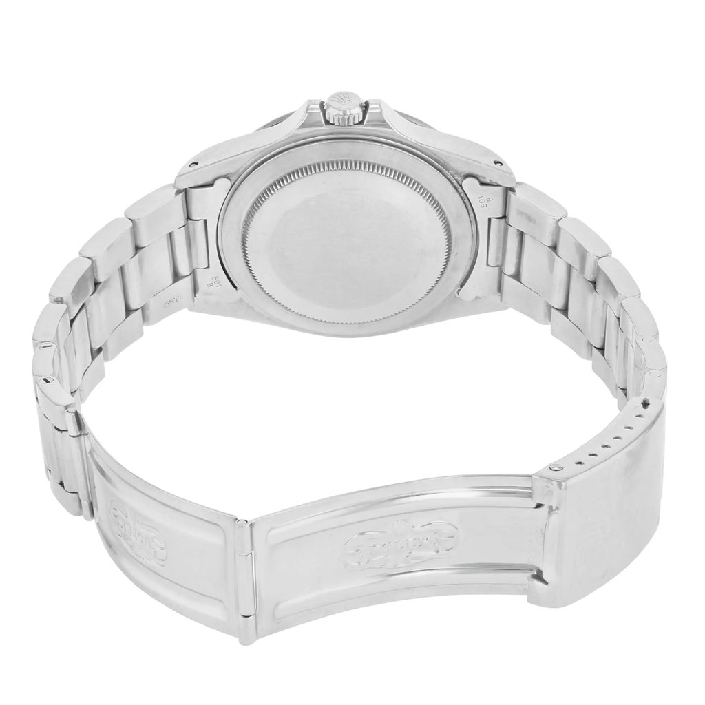 Back View Of Solid Back Case And Open Stainless Steel Band Of Rolex 16570 Watch Pre Owned Condition