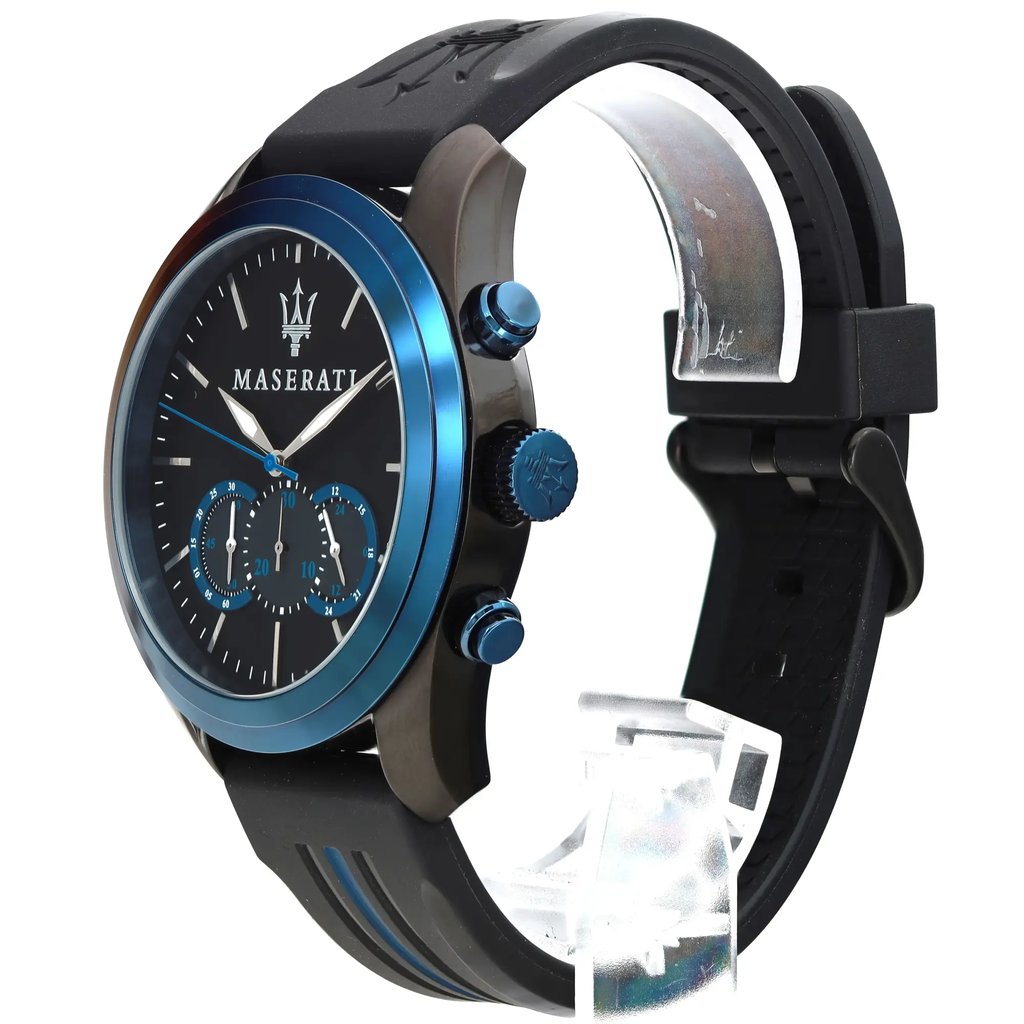 An image of a Wristwatch by Maserati. This New With Defects item is designed for Men, featuring a Dress/Formal style. It has a Quartz movement and an Analog display with a Black dial color. The indices include 12-Hour Dial,Stick Indexes. The band is made of Rubber and the case is made of Stainless Steel. The watch has a Round shape with a case size of 45 mm and a case thickness of 12 mm.