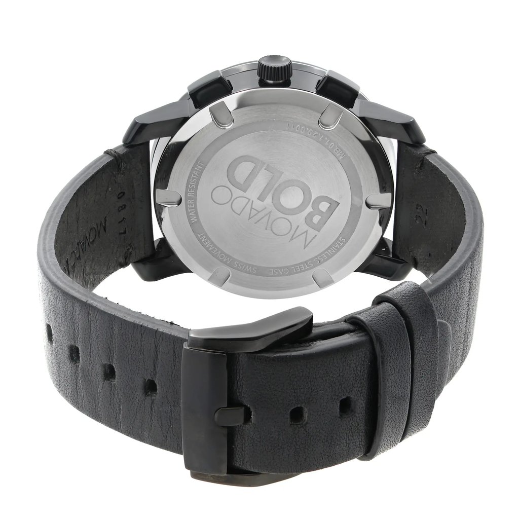 An image of a pre-owned wristwatch showcasing the back view, with a focus on the closed clasp. The watch is positioned upright, allowing a clear view of the back case and clasp, captured from a close angle. The leather strap is visible, displaying its texture and adjustment holes.