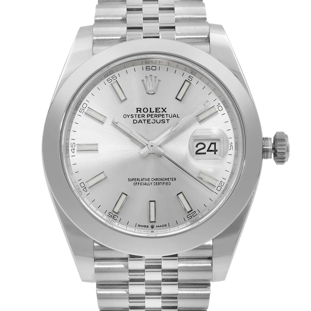 Up Close Front Facing Picture Of Rolex 126300 Stainless Steel Watch Display Model Condition