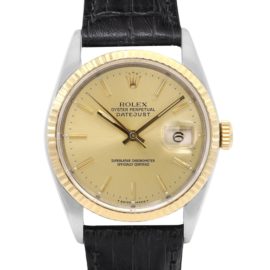 An image of a pre-owned men's Rolex Datejust 36mm 18K Gold Steel Champagne Dial Men's Watch 16233, captured from a straight-on angle at a close distance. The watch features a gold dial with a date indicator and luminous hands. The bezel is yellow gold, and the watch is complemented by a black leather strap. The brand name and model "Oyster Perpetual Datejust" are visible on the dial.