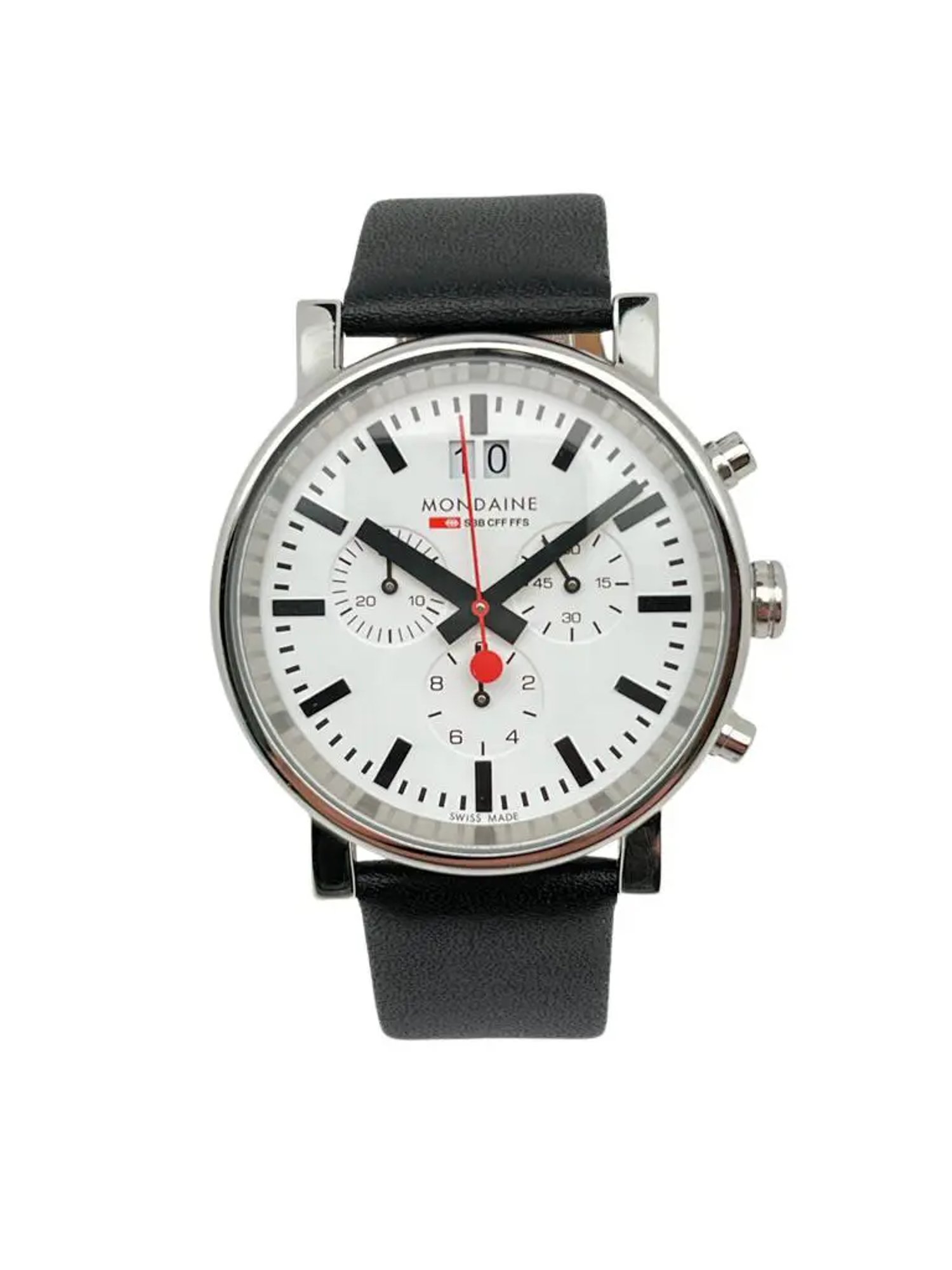 An image of a Wristwatch by Mondaine. This Display Model item is designed for Men, featuring a Classic,Dress/Formal style. It has a Quartz movement and an Analog display with a Black dial color. The indices include 12-Hour Dial,Non-Numeric Hour Marks,Stick Indexes. The band is made of Leather and the case is made of Stainless Steel. The watch has a Round shape with a case size of 40 mm and a case thickness of 11 mm.