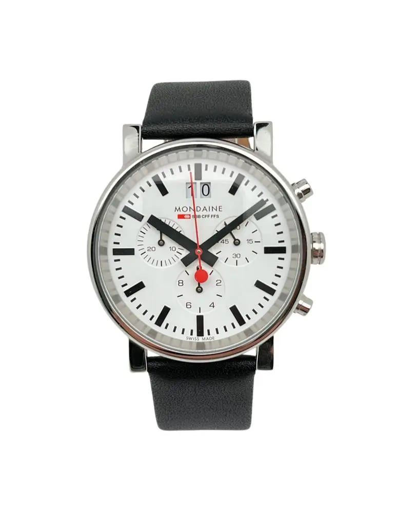 An image of a Wristwatch by Mondaine. This Display Model item is designed for Men, featuring a Classic,Dress/Formal style. It has a Quartz movement and an Analog display with a Black dial color. The indices include 12-Hour Dial,Non-Numeric Hour Marks,Stick Indexes. The band is made of Leather and the case is made of Stainless Steel. The watch has a Round shape with a case size of 40 mm and a case thickness of 11 mm.