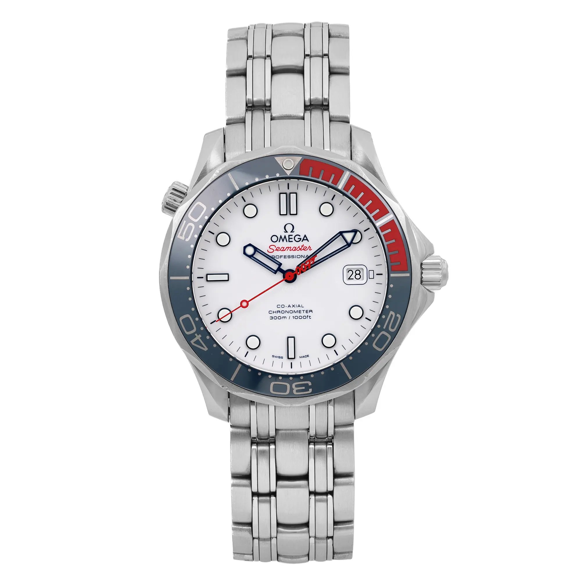An image of a pre-owned Omega Seamaster Diver 300M James Bond men's wristwatch. The watch is positioned upright with a frontal view, showcasing its steel metal bracelet and round face. The face has a white dial with blue and red accents, featuring a date indicator at the 3 o'clock position and luminous hands. The bezel has a blue and red color scheme. The watch is photographed at eye level, centered, and at a close distance, highlighting its design details.